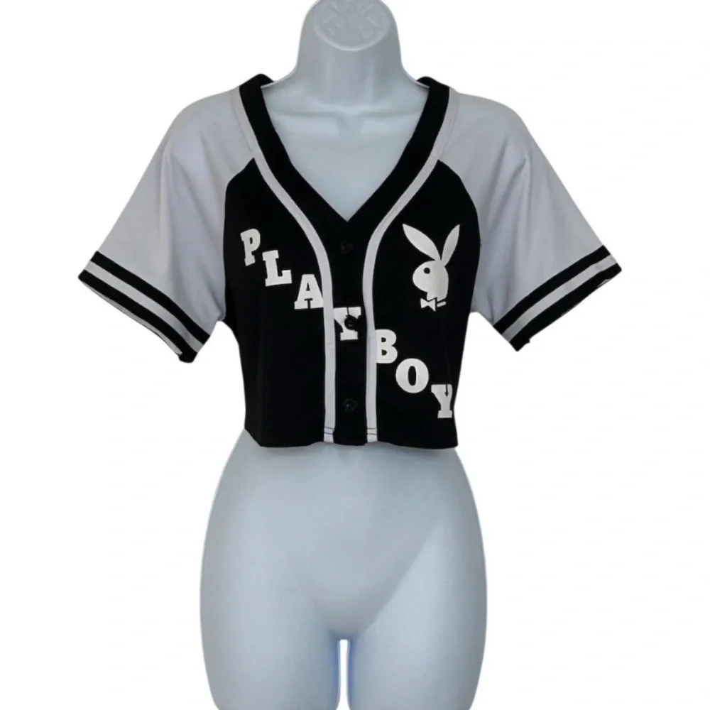 Playboy Cropped Baseball Jersey Top Women Size L Black White Button Front Logo - Picture 3 of 3
